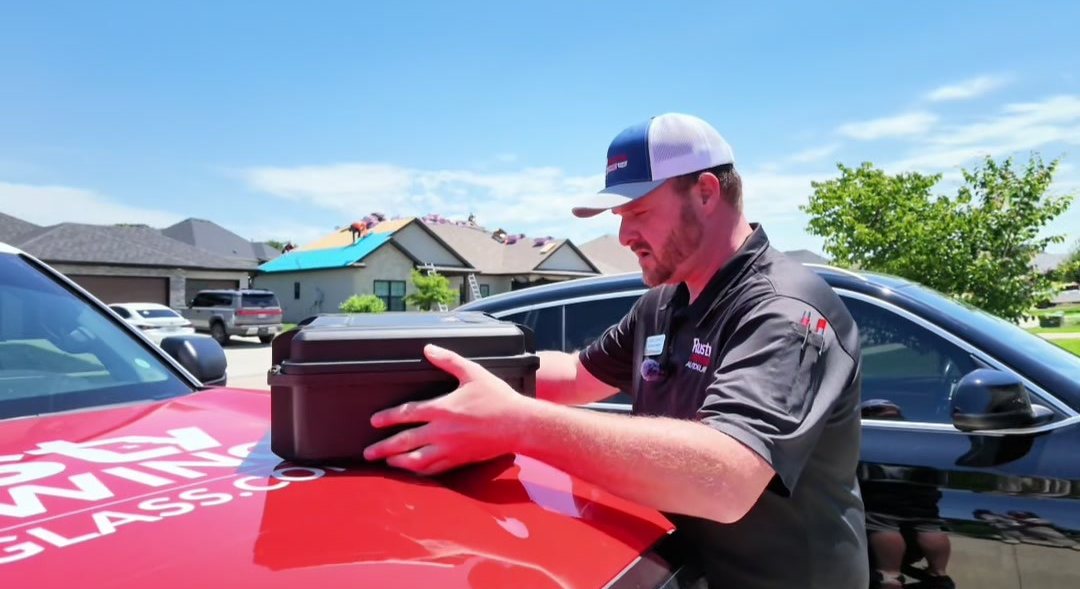 Rusty Drewing technician lifting his tool case off the wrapped service truck in a customer&rsquo;s driveway